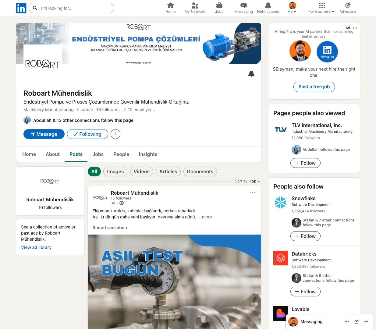 Roboart Mühendislik LinkedIn şirket profili
